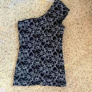 Women’s size large one shoulder top with metallic silver floral accents
